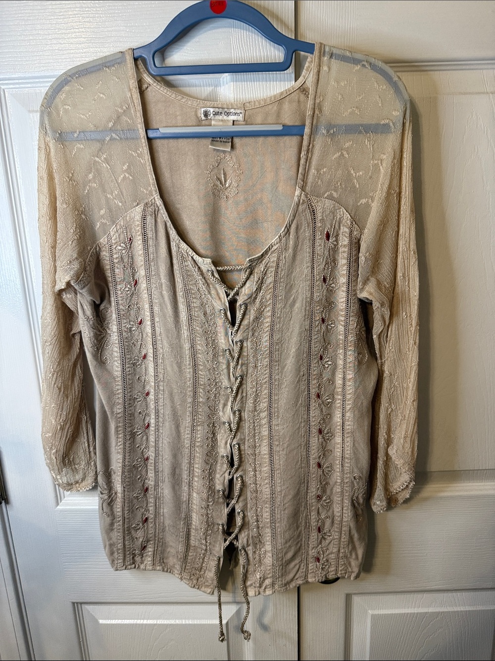 Cute Options Cream Lace-Up Embroidered Peasant Blouse